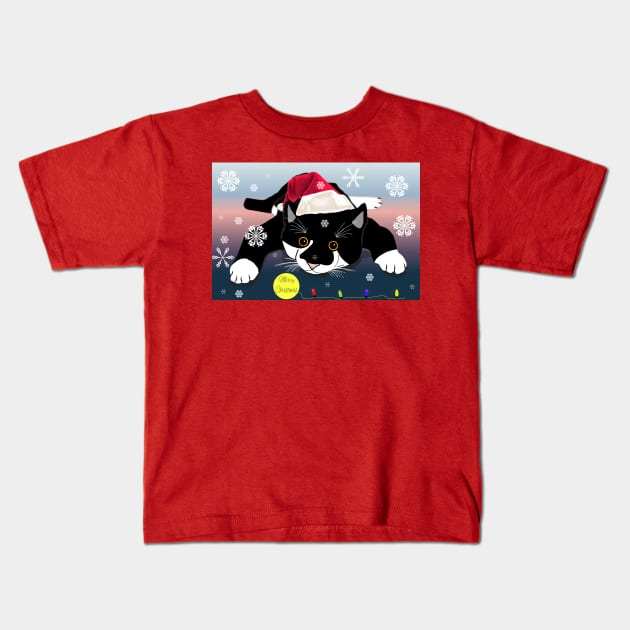 : Cute Tuxedo cat wishing Merry Christmas or Merry Catmas .Copyright TeAnne Kids T-Shirt by TeAnne